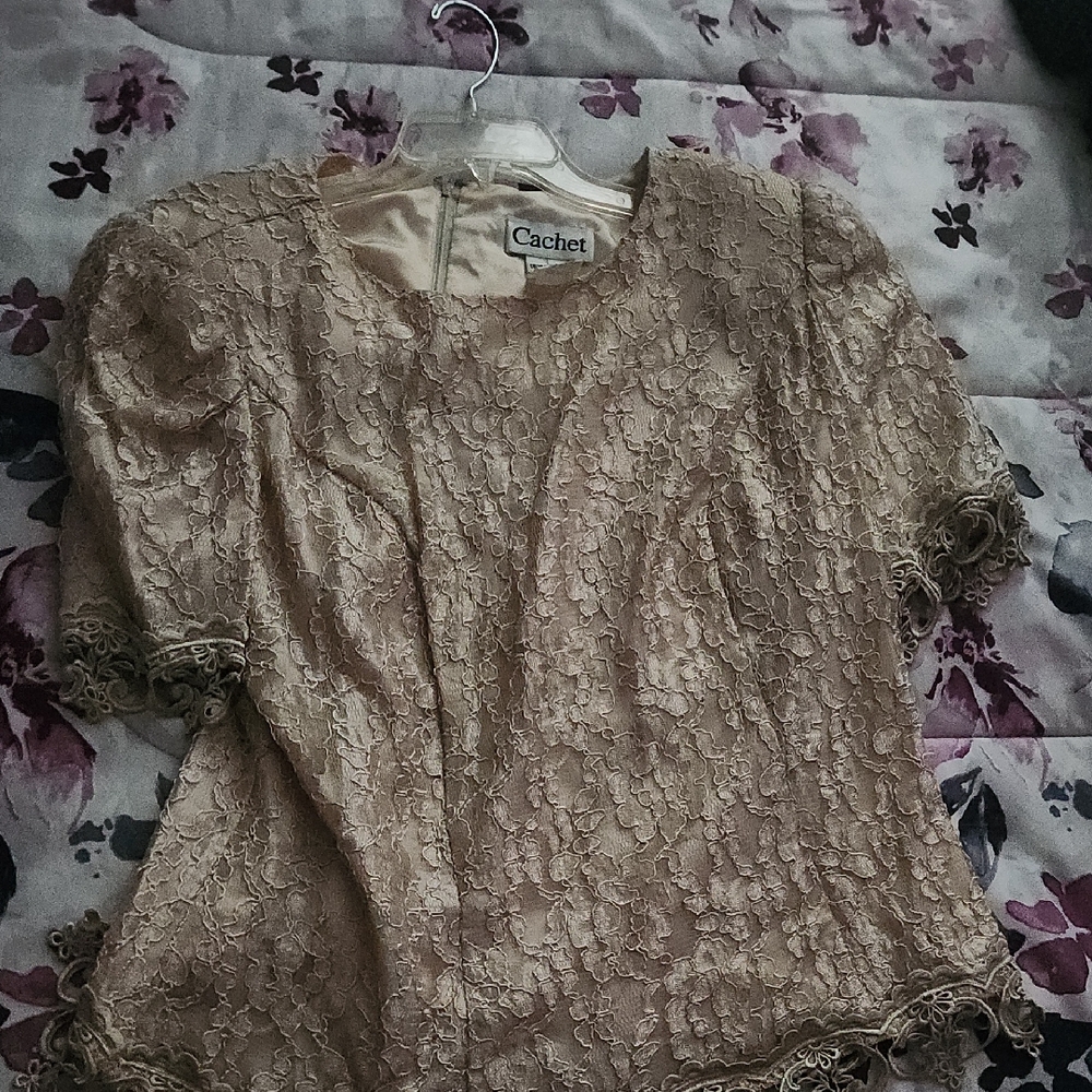 Cachet Tan Embellished Fitted Short Sleeve Blouse